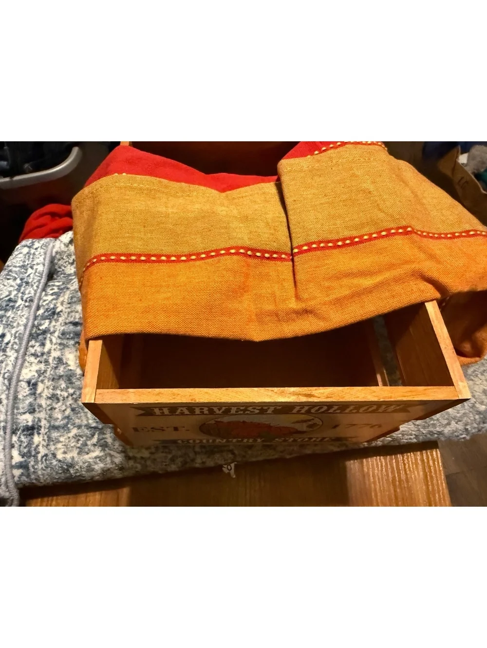 Harvest Hollow Country Store Wooden Basket with Autumn Themed Towels